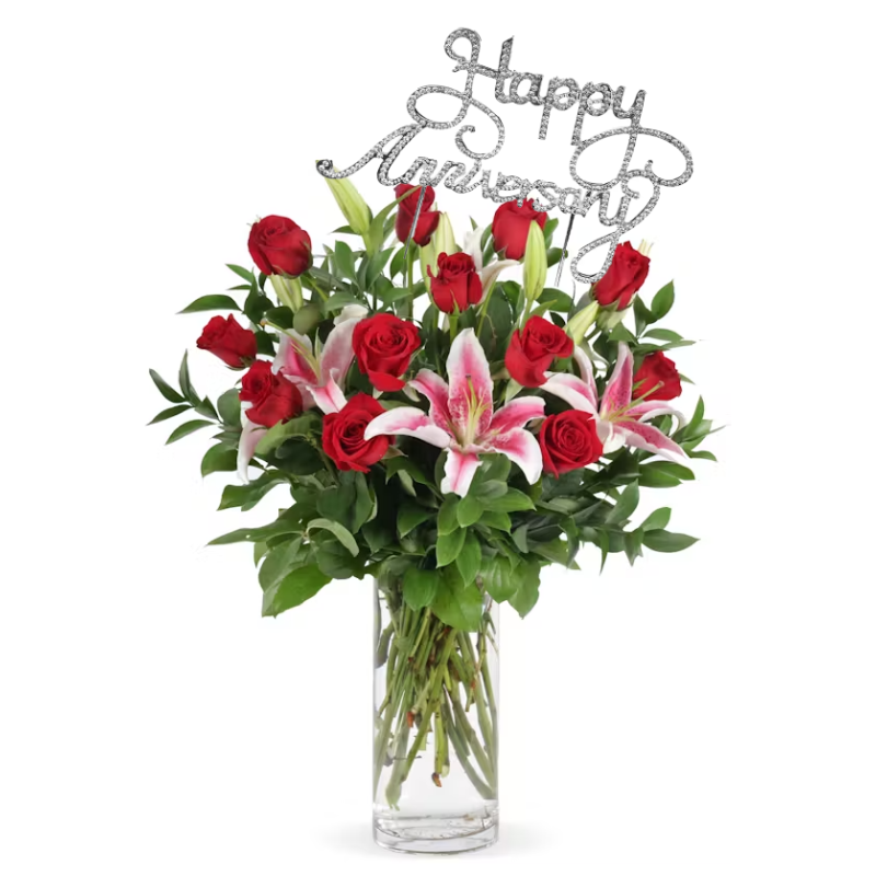 Roses and Lilies with A Happy Anniversary Pick - Same Day Delivery